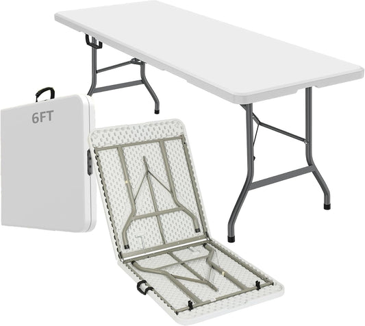 6FT Folding Table,Portable White HDPE Utility Table with Carry Handle | Durable HDPE tabletop.Reinforced steel frame with safety locking legs.Fold in half design with carry handle.Weather resistant
