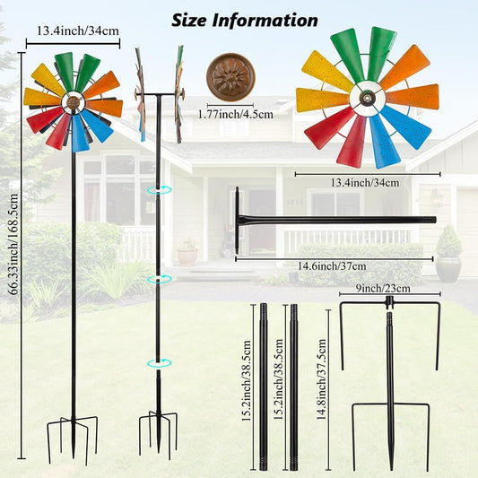 Stargarden Wind Spinners Outdoor, 13.4 Inch Kinetic Pinwheels, Colorful Metal Garden Spinners Double Windmill for Yard, Lawn, Patio