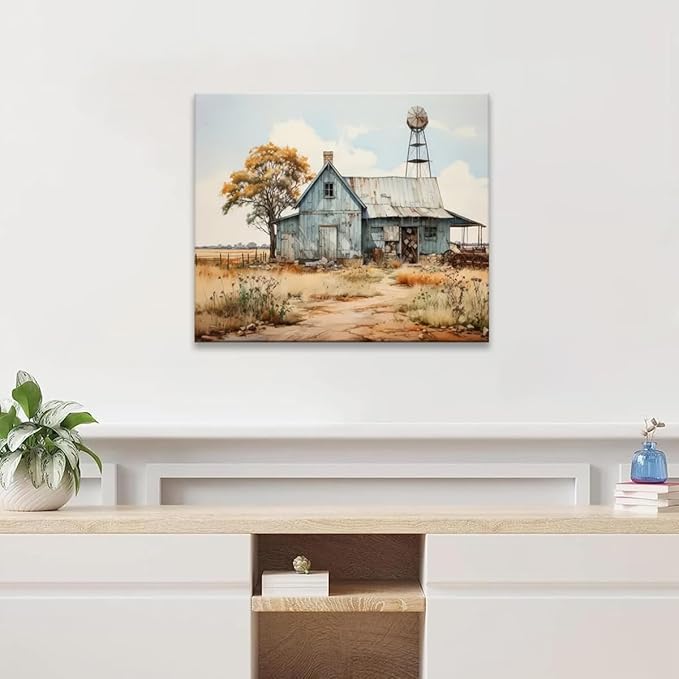 CYULWNNO Farmhouse Canvas Wall Art Old Barn Prints Posters Country Landscape Painting Pictures Country Road Wall Decor Framed for Dining Room Bathroom Living Room Bedroom
