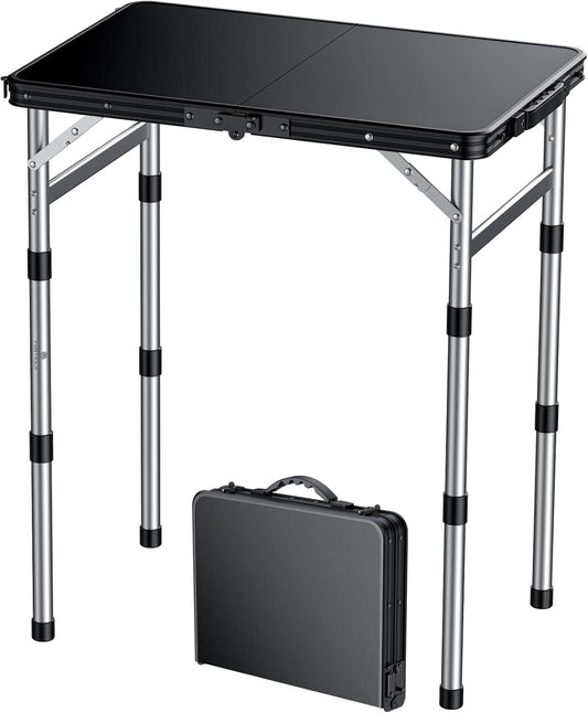 FUNYKICH Camping Table with Waterproof Plastic Tabletop 22.8''x15.7'', 3 Height Adjustable Small Folding Table, Lightweight Portable Picnic Table with Carry Handle for Picnic Beach Travel,Black Silver