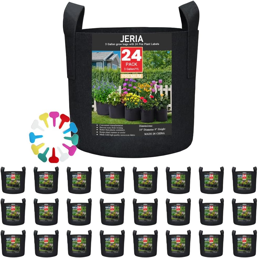 JERIA 24-Pack 3 Gallon Nonwoven Grow Bags, Plant Grow Bags，Heavy Duty Aeration Fabric Pots with Durable Handles, Come with 24 Pcs Plant Labels