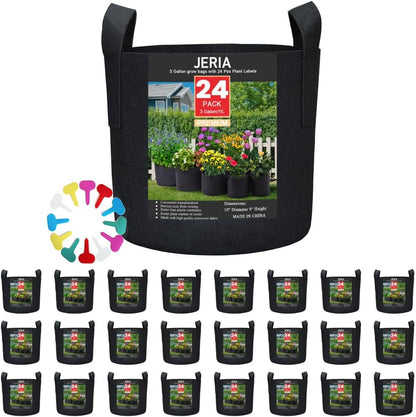 JERIA 24-Pack 3 Gallon Nonwoven Grow Bags, Plant Grow Bags，Heavy Duty Aeration Fabric Pots with Durable Handles, Come with 24 Pcs Plant Labels