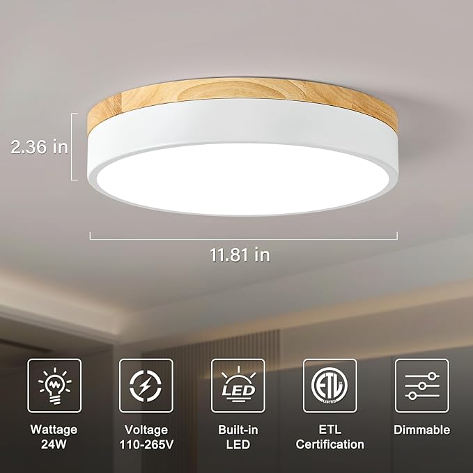Dimmable Wood LED Ceiling Light Fixture, 5CCT 2700K-6000K Modern White Flush Mount Ceiling Lighting, Minimalist Round Ceiling Lamp for Bedroom, Kitchen, Laundry Room, Hallway, 11.81in