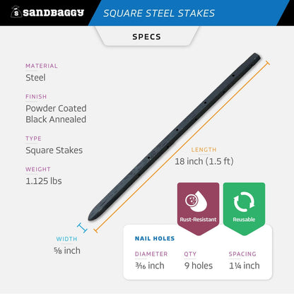 Sandbaggy 18" Square Steel Concrete Form Stakes with Nail Holes - 5/8" Wide - Rust Resistant - Removable/Reusable - Construction Grade Rebar Pins (Square Nail Stakes, 30, Count)