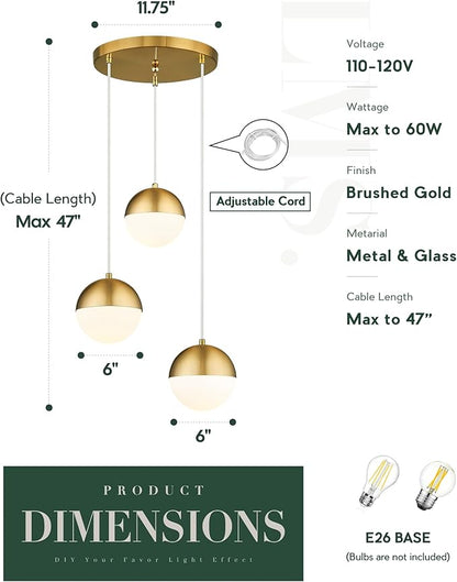 LMS Brushed Gold 3-Light Cluster Pendant Lights, Modern Kitchen Island Lighting with White Globe Glass Shade, Adjustable Hanging Cord Ceiling Light for Bathroom Bedroom Dining Room, LMS-186BG3