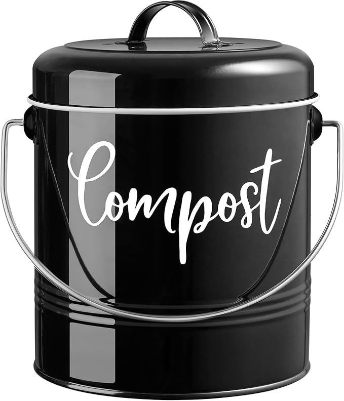 Compost Bin Kitchen, 1.3 Gallon Farmhouse Kitchen Compost Bin Countertop, Indoor Countertop Compost Bucket with Lid and Charcoal Filters, Black