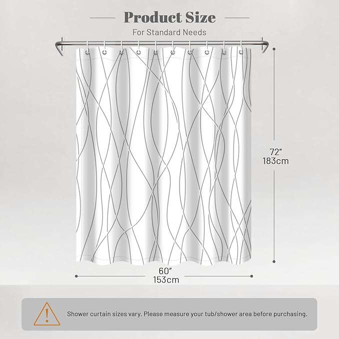 Punkray Grey Shadow Shower Curtain for Bathroom with Hooks, Shower Curtain Set Stripe Bath Curtains Decor White Shower Curtains Weighted Hem Washable, 60 x 72