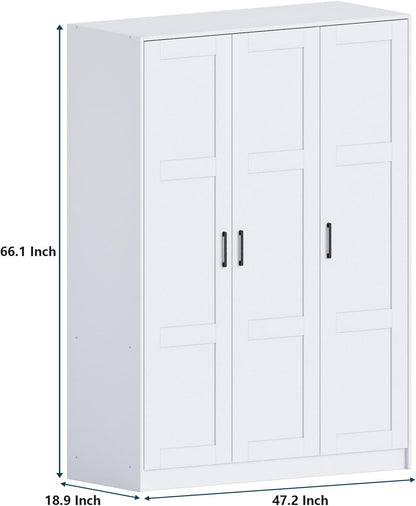 Fenghua Lizhi 3 Doors Wooden Wardrobe Closet Armoire, White Storage Cabinet for Hanging Clothes, Bedroom Large Capacity Freestanding Armoire,Wood Wardrobe Combination with Shelves