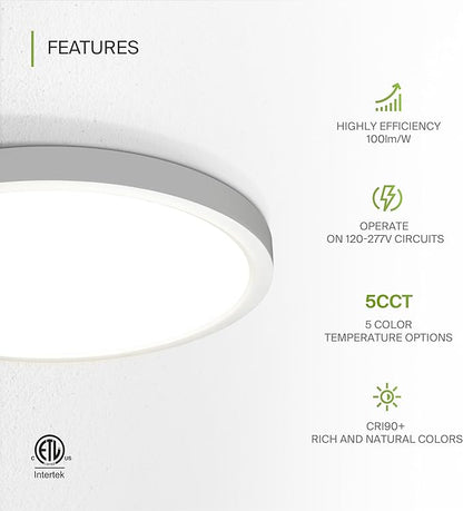ASD LED 15" Round Flush Mount Ceiling Light Fixture, Low Profile Surface Lighting | 5CCT, Dimmable, Ultra-Thin, ETL Listed | 28W 2300LM 2700-6000K 100-277V | Kitchen, Hallway Lamp | White, 6 Pack