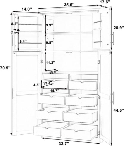 71" Kitchen Pantry Storage Cabinet, Freestanding Farmhouse Pantry Cabinet with 4 Doors, 2 Door Shelves, 8 Pull-Out Trays and Adjustable Shelf for Kitchen, Dining Room (White)