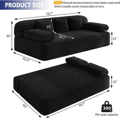 78.7'' Couches Queen, Corduroy Futon Sofa Bed, Modern Floor Couch, Cloud Convertible Sleeper Sofa Daybed, Comfy Loveseat, 3 Pillows, for Small Spaces, Living Room, Apartment, Black