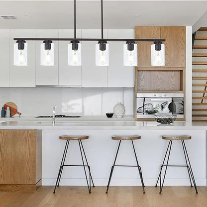 6-Light Kitchen Island Lighting Fixtures, Clear Glass Farmhouse Pendant Lights Hanging Chandelier in Oil Rubbed Bronze for Dining Room Table Cafe Bar
