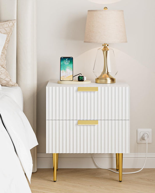 Nightstand with Charging Station, Bedside Table with Gold Frame,White Night Stand, End Table with 2Drawer, Mid Century Modern Bedside Table, Dresser for Bedroom,Living Room