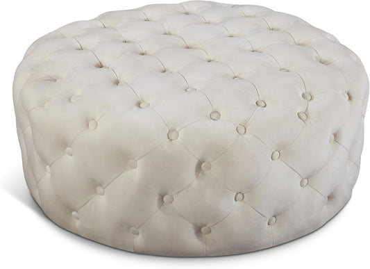 Meridian Furniture Addison Collection Modern | Contemporary Velvet Upholstered Ottoman / Bench with Deep Button Tufting, Solid Wood Frame, Cream, 36" W x 36" D x 16.5" H