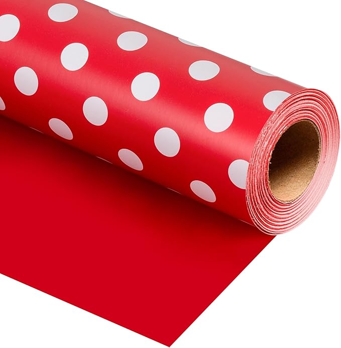 Burymento Red and White Dots Wrapping Paper, Reversible Pink Gift Wrap for Birthday, Valentines, Mothers day, Graduation, Wedding, Fathers day, Baby Shower, Christmas (17in x 32.8ft)