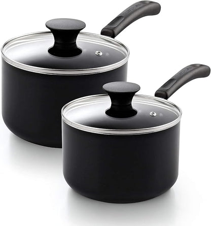 Cook N Home Nonstick Sauce Pan Set 1Qt and 2Qt, Multi-purpose Pots Set Saucepan Kitchenware with Glass Lid, Black, Aluminum