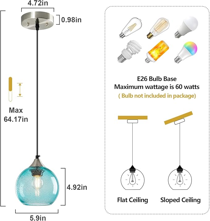 Light Blue Glass Pendant Lights Kitchen Island Globe Pendant Light Fixtures Modern Pendant Lighting for Bedroom Living Dining Room Light Fixture (5.9 in, 1 Pack)