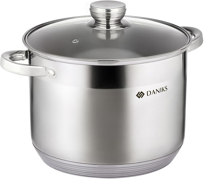 Daniks Standard Stainless Steel Stock Pot with Glass Lid – Induction 10 Quart, Dishwasher Safe, Measuring Scale, For Soup, Pasta, Stew, Silver