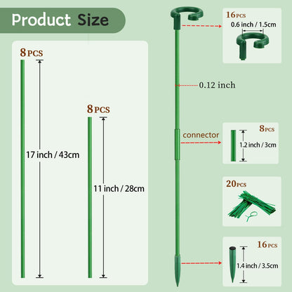 Invisible Plant Sticks 17 inch &11 inch SupKing 16Pcs Orchid Stakes with Clips for Support Small Short Plants,Garden Stake Support Pole Suit for Potted Plants Flowers Peony Rose (Green)