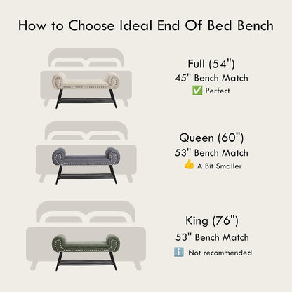 45" Velvet Entryway Bench with Shoe Storage Shelf, Grey | Upholstered bench with rolled arms, nailhead trim, padded seat and metal shelf for shoes, 1 seater, for hallway or bedroom