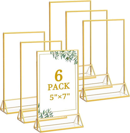 Floroom 6 Pack 5x7 Inch Clear Acrylic Sign Holders, Double-Sided Gold Display Stand Picture Frames for Table Numbers, Menus, Flyers, Weddings, and Offices