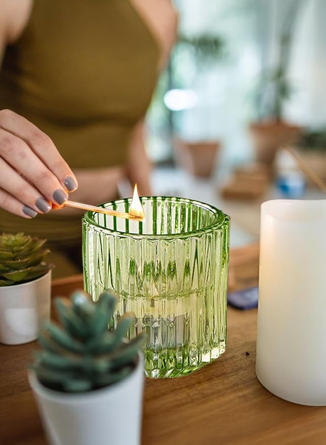 Serene Spaces Living Set of 4 Green Ribbed Glass Votive Holders, Perfect for Weddings and Home Décor, Measures 2.25" Tall and 2" Diameter