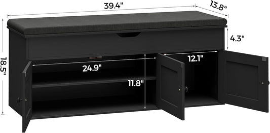 Homleke Shoe Storage Bench with Lift Top & 3 Barn Doors, Entryway Bench with Removable Cushion, Adjustable Shelf, Hidden Storage Cabinet for Hallway, Living Room, Bedroom - Black