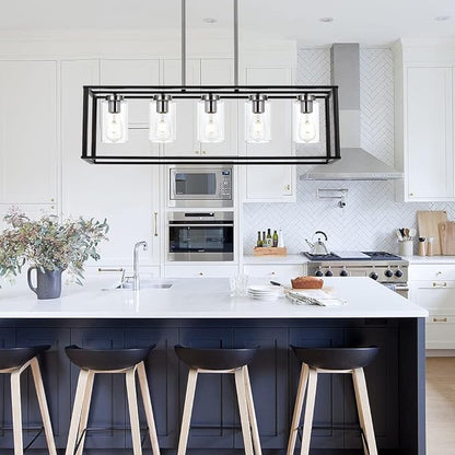 VINLUZ Modern Chandeliers Brushed Nickel and Black 5 Light Rectangle Dining Room Lighting Fixtures Hanging with Clear Glass Shade, Farmhouse Kitchen Island Pendant Lights Ceiling for Living Room