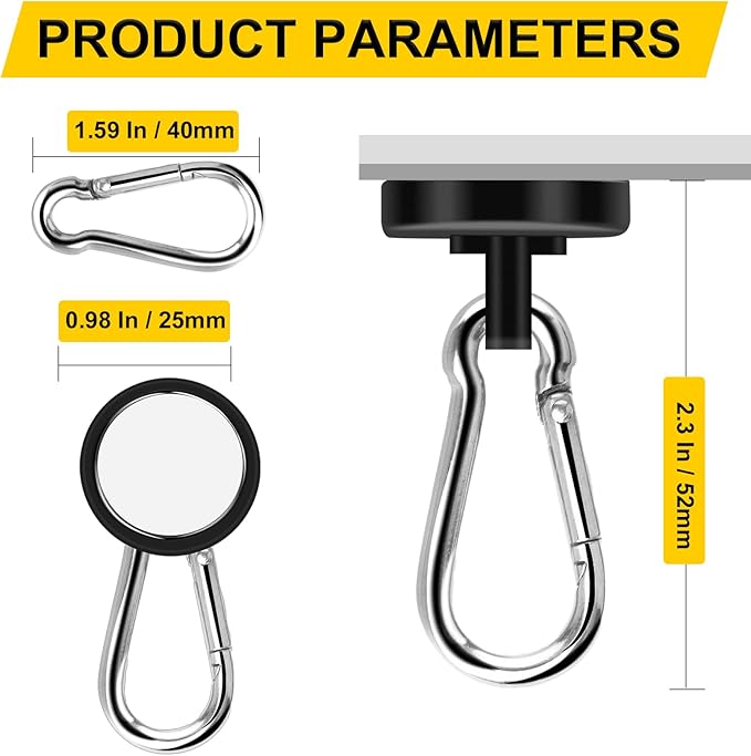 DIYMAG Black Magnetic Hooks, 110LBS Heavy Duty Neodymium Magnetic Hooks with Swivel Carabiner Hook,Great for Your Refrigerator and Other Magnetic Surfaces, Pack of 15