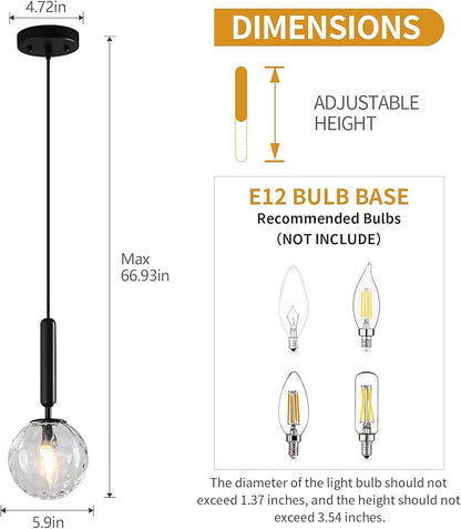 Modern Black Pendant Light Hanging Fixture Light for Kitchen Island Mid Century with Globe Pendant Light Clear Glass Pendant Lighting for Living Room Bedroom Entryway (1 Pack)