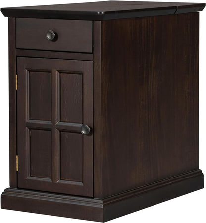 Traditional Narrow End Table with Charging Station, Antique Espresso Wood Side Table with Drawer Storage, No Assembly, for Living Room, Bedroom, or Office