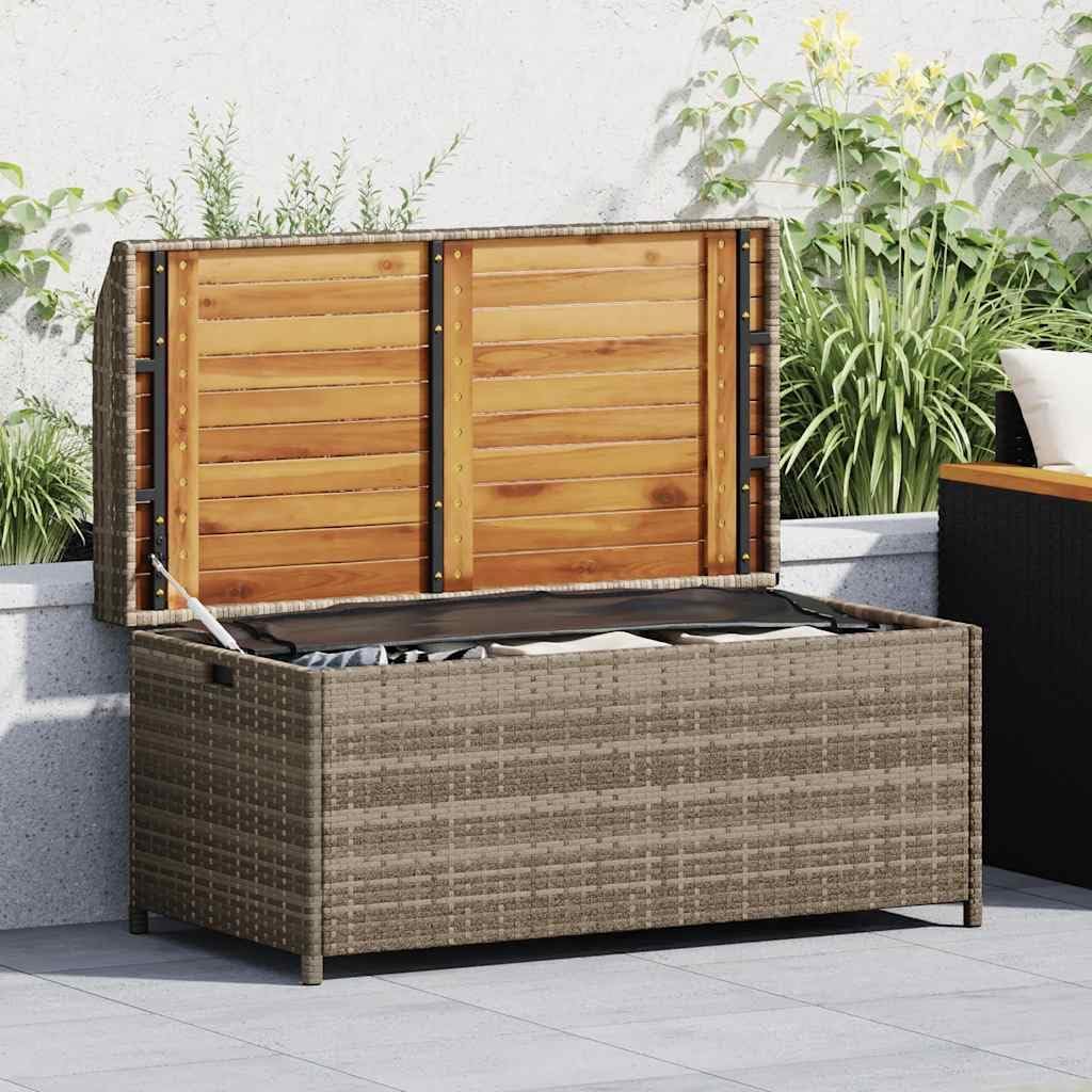 Gray Outdoor Storage Bench with Waterproof Bag, 39.4"x19.7"x20.5" Poly Rattan and Acacia Wood Patio Seat Box