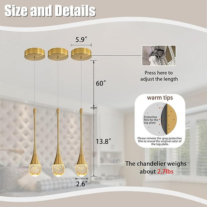 Single Head Gold Bubble Crystal Chandelier Modern LED Pendant Lights for Kitchen Island Dimmable 3000-6000k(3 Independence Light)…