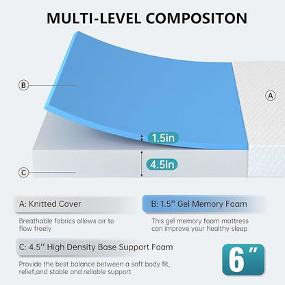 PayLessHere 6 Inch Gel Memory Foam Mattress Medium Firm Mattresses CertiPUR-US Certified Bed-in-a-Box Pressure Relieving Twin XL Size,Fiberglass Free，White
