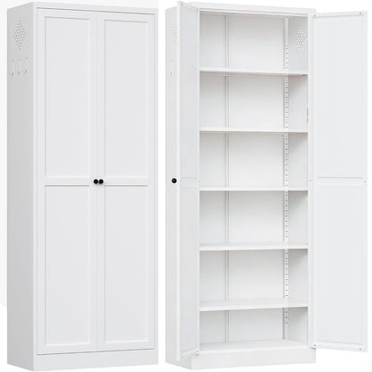 AQY Metal Pantry Cabinet with Doors & Shelves, 61” Tall White Kitchen Storage Cabinet, Freestanding Pantry Organizer for Kitchen, Living Room, Garage, Adjustable Shelves, Heavy-Duty Steel Storage Cabi