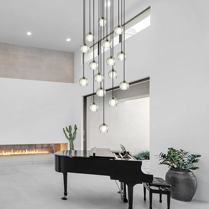 High Ceiling Foyer Chandelier, Brushed Black 16 Lights Crystal Staircase Chandelier, Modern Cut Pendant Raindrop Cluster Lighting Fixture for Entryway Living Room