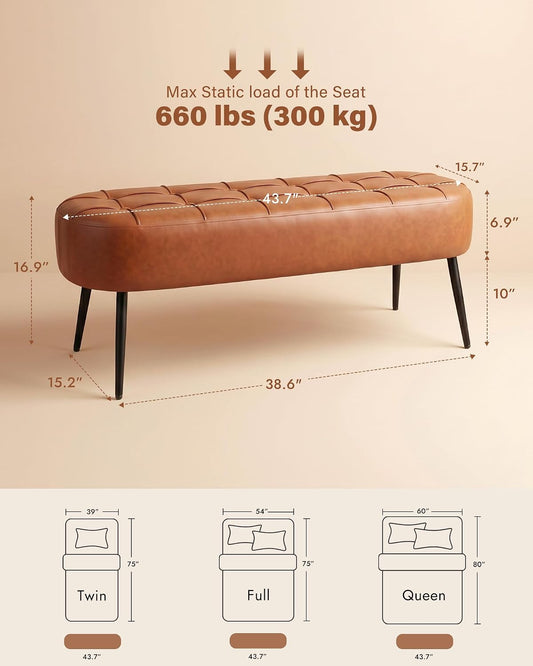 Entryway Bench, Modern PU Leather Upholstered End of Bed Bench Brown