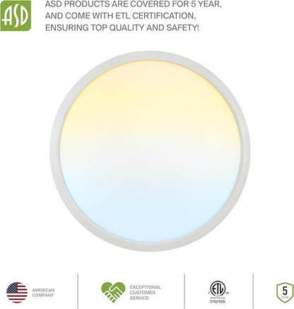 ASD LED 24" Round Flush Mount Ceiling Light Fixture, Low Profile Surface Lighting | 5CCT, Dimmable, Ultra-Thin, ETL Listed | 38W 2700LM 2700-6000K 100-277V | Kitchen, Bedroom, Hallway Lamp | White