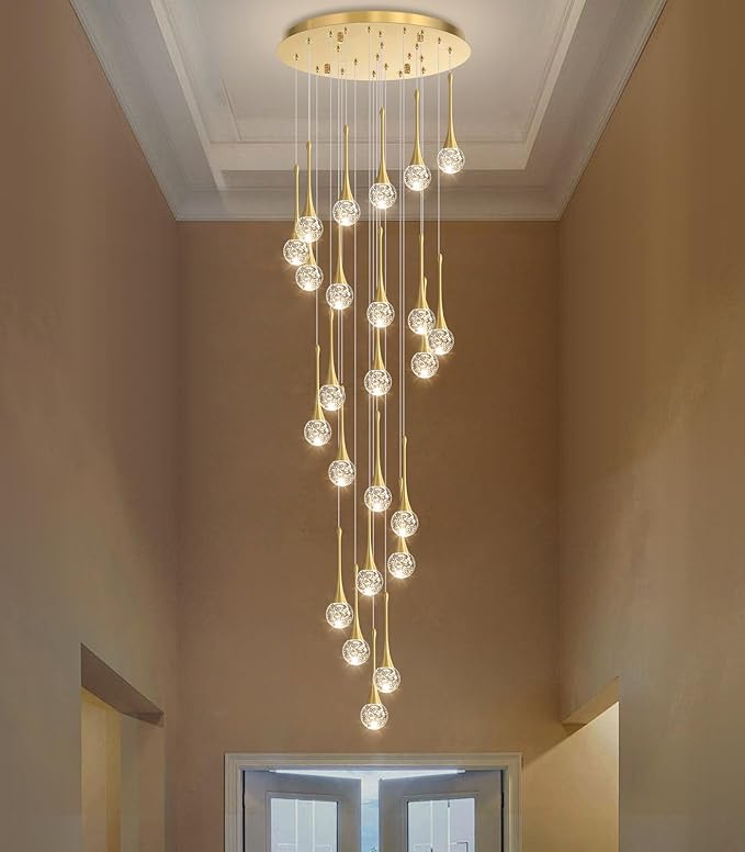 24 Light Modern Glam Crystal Chandelier for High Ceiling LED Dimmable Ceiling Pendant Light Staircase Foyer Enterway Living Room Chandelier Lighting Antique Gold