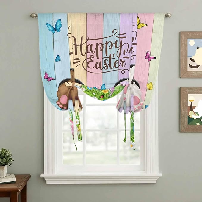 Tie Up Curtains,Happy Easter Rabbit Butt Egg on Daisy Leaf Adjustable Rod Pocket Window Shade Curtain Drape Bufferfly on Wood Barn Tie-Up Valance for Kitchen Bedroom Living Room Windows,34"x45"