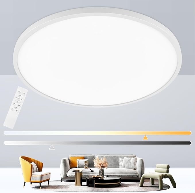 20 Inch Led Flush Mount Ceiling Light Fixture Dimmable with Remote Control, White, Ultra Thin, 48W 4800Lumen, for Bedroom, Living Room, Kitchen, Dining Room, Home Office