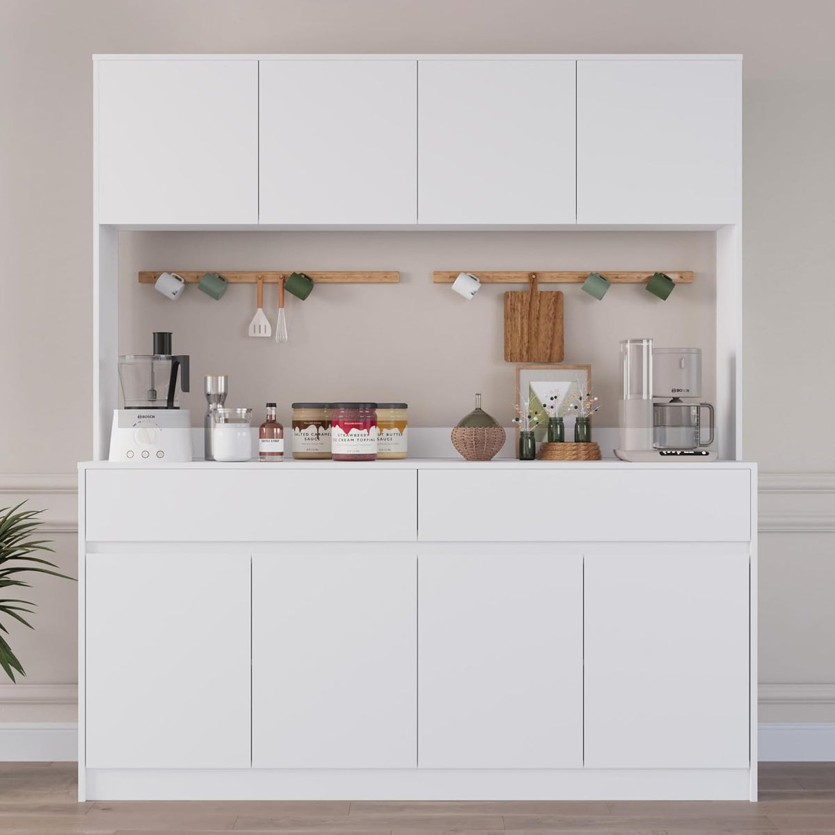 70.87" H Large Kitchen Pantry Storage Cabinet with Microwave Oven Countertop, Freestanding Pantry Cabinet with Drawers for Kitchen, Living Room (White)
