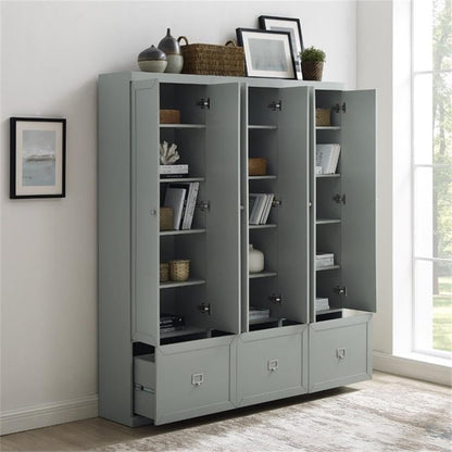 Pemberly Row Modern Wood/Metal Pantry Closets, 74" H x 66" W x 12.5" D, Distressed Gray Finish, Set of 3 Modular Cabinets with Adjustable Shelves, Drawers, Hooks, Traditional or Farmhouse Style