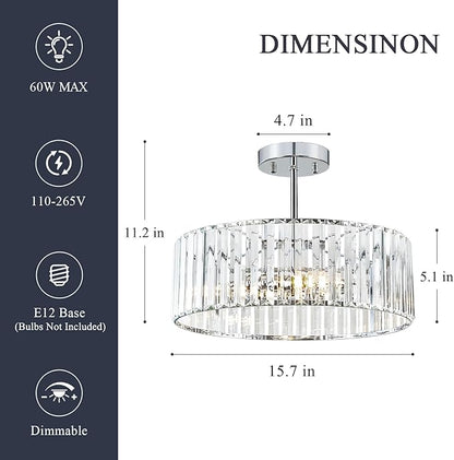 Crystal Chrome Ceiling Light, Modern Semi Flush Mount Ceiling Lighting Fixture, Round Hallway Lighting Fixtures Chandelier for Kitchen Entryway Bedroom Dining Room, 3-Light, 15.7 Inch