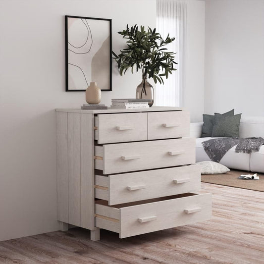 White Sideboard Buffet Cabinet, Solid Pine Wood and MDF Dining Room Credenza with 5 Drawers and Sliding Doors, Modern Accent Storage Cabinet for Living Room and Foyer