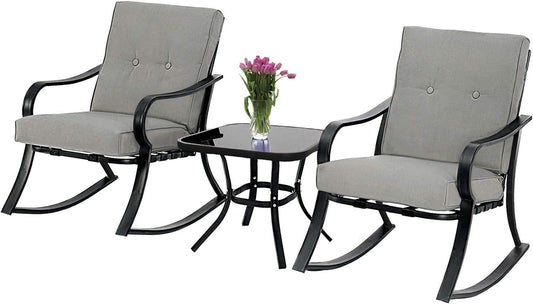 Outdoor 3-Piece Rocking Chairs, Patio Bistro Furniture Set, 2 Black Steel Rocking Chairs with Cushion and Glass Top Coffee Table (Grey)