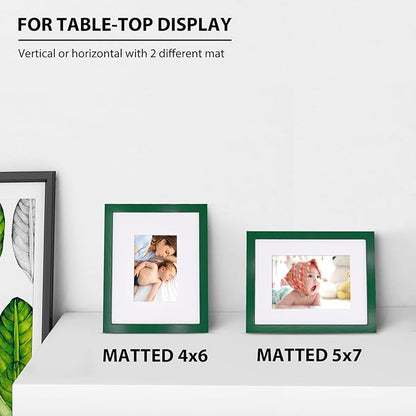 KINLINK 8x10 Picture Frame Green, Solid Wood Frames with Acrylic Plexiglass for Pictures 4x6/5x7 with Mat or 8x10 without Mat, Tabletop and Wall Display Photo Frame, Set of 4