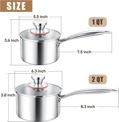 E-far Stainless Steel Saucepan Set - 1Qt & 2 Qt, Triply Sauce Pan Pot with Lid for Cooking Pasta Warming Milk Boiling Water, Small Metal Cookware for Kitchen, Induction Ready & Heavy Duty