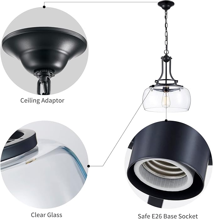 WUZUPS Chandelier Rustic Farmhouse Industrial Round Ceiling Pendant LED Light Fixture with Clear Glass Shades for Dining Room Kitchen Island Foyer Entryway, H 17" x W 13.4", E26 Base, Black