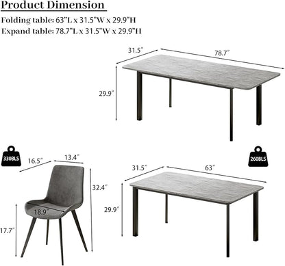 63"- 78.7" Extendable Dining Table Set for 6, Modern Kitchen Table with 6 Dining Chairs for 4-6 Person, Thickened Expandable Wooden Table with Metal Legs for Dining Room, Kitchen